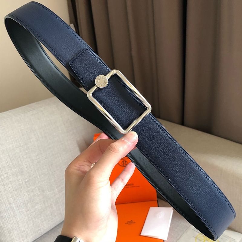 Hermes Letter Buckle 38 Reversible Belt Leather In Blue Black