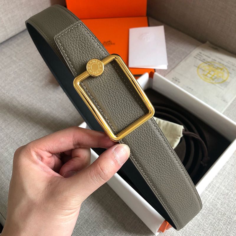 Hermes Letter Buckle 38 Reversible Belt Leather In Khaki Black