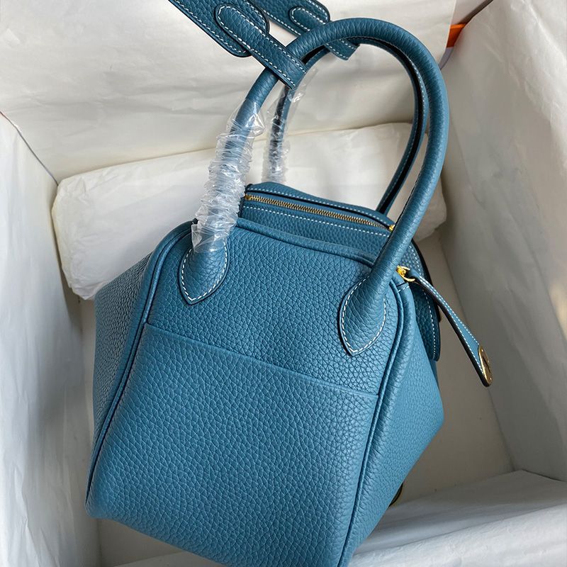 Hermes Lindy Bag Clemence Leather Gold Hardware In Blue