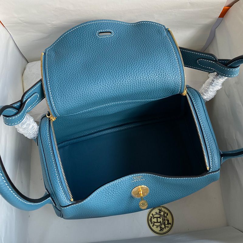 Hermes Lindy Bag Clemence Leather Gold Hardware In Blue