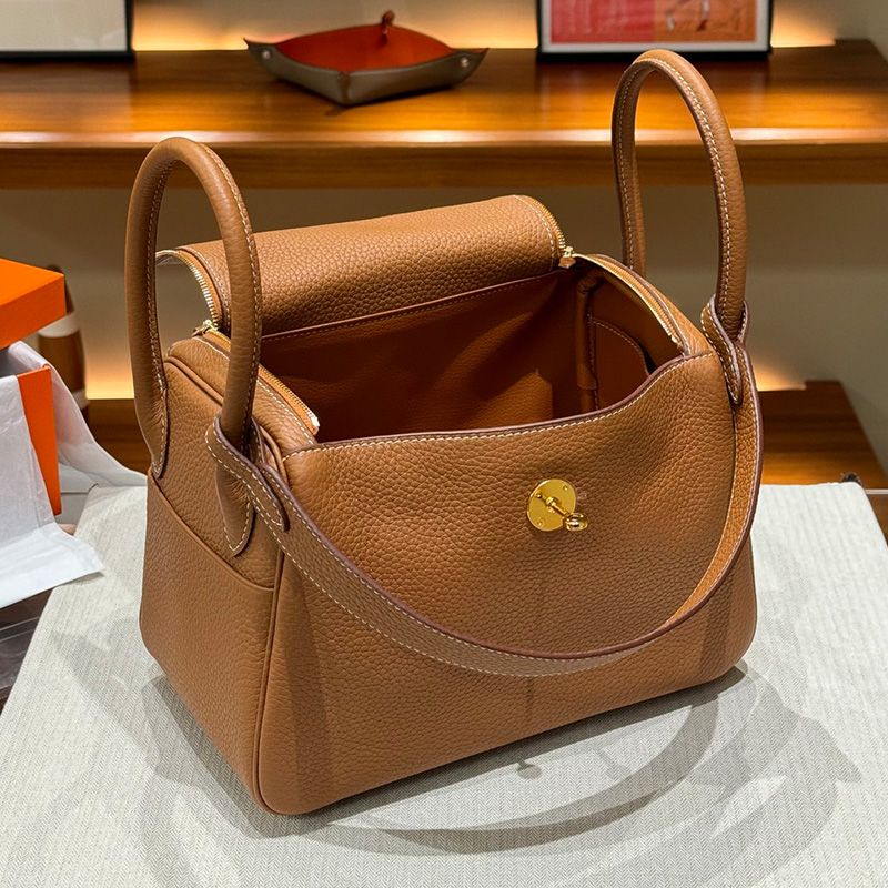 Hermes Lindy Bag Clemence Leather Gold Hardware In Brown