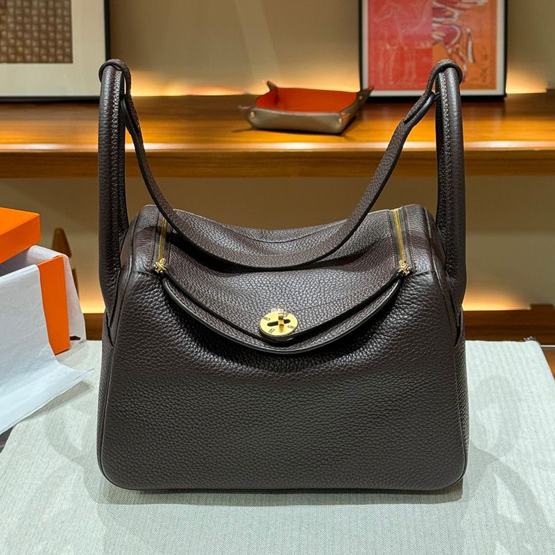 Hermes Lindy Bag Clemence Leather Gold Hardware In Coffee