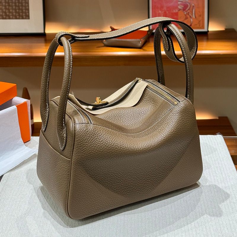 Hermes Lindy Bag Clemence Leather Gold Hardware In Grey