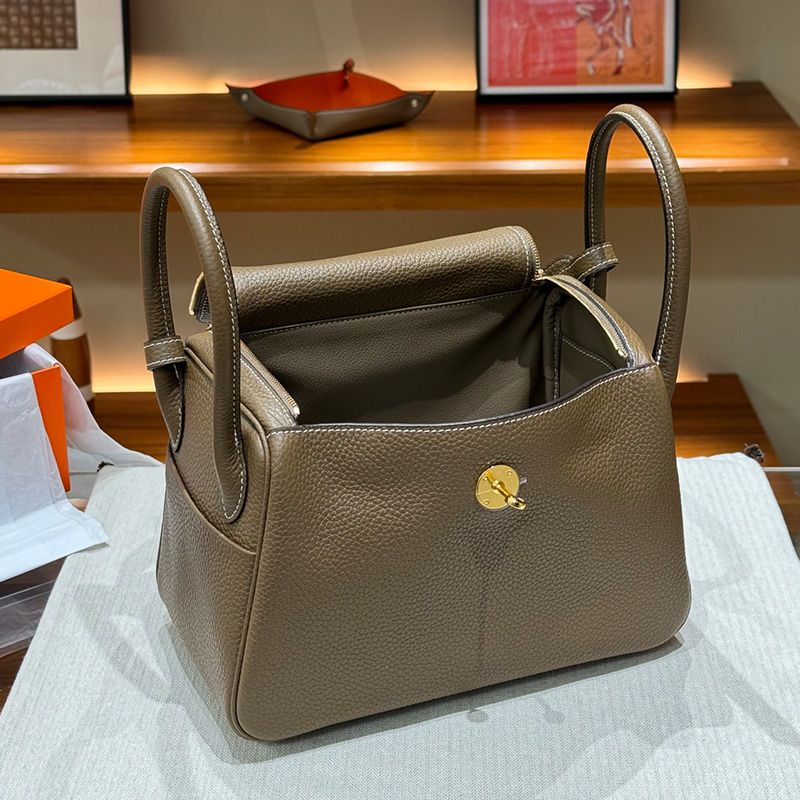 Hermes Lindy Bag Clemence Leather Gold Hardware In Grey