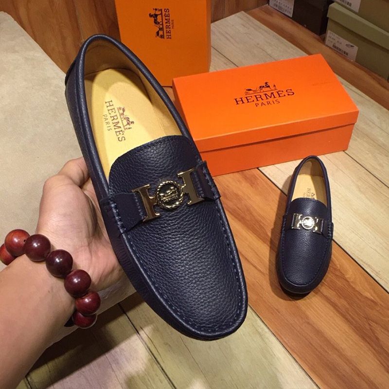 Hermes Loafers Men Togo Leather In Navy Blue