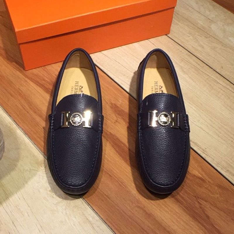 Hermes Loafers Men Togo Leather In Navy Blue