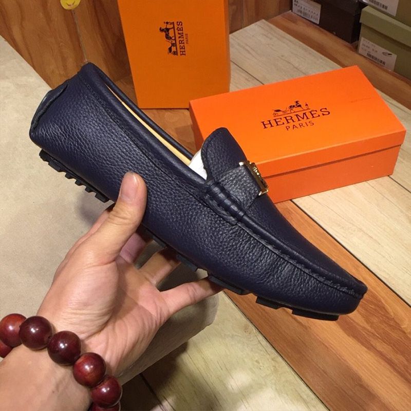 Hermes Loafers Men Togo Leather In Navy Blue