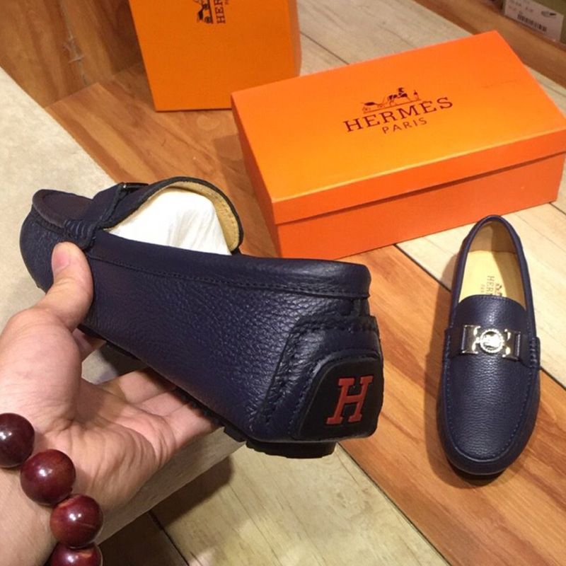 Hermes Loafers Men Togo Leather In Navy Blue