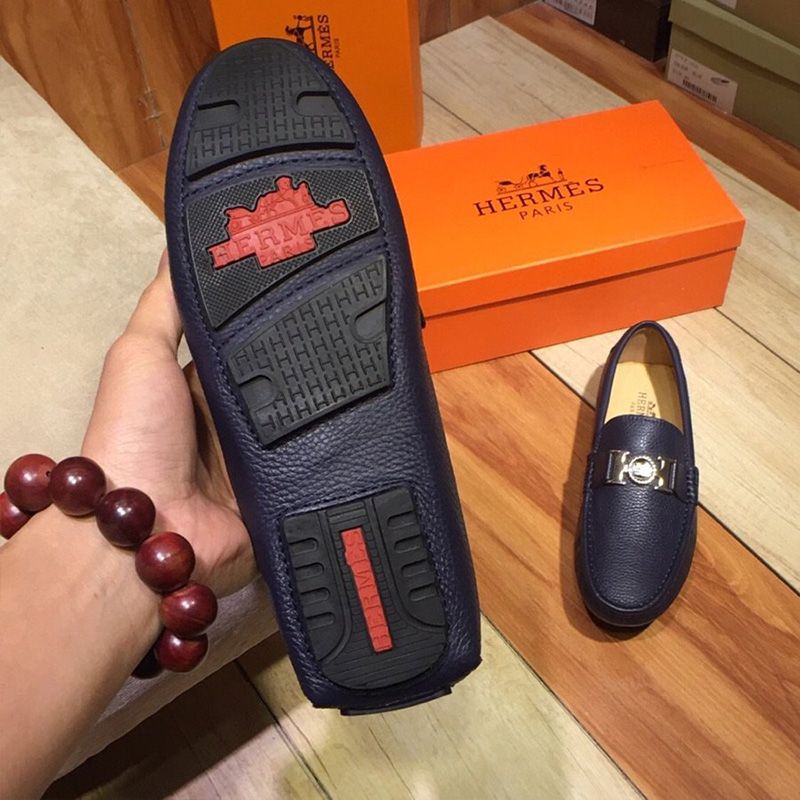 Hermes Loafers Men Togo Leather In Navy Blue