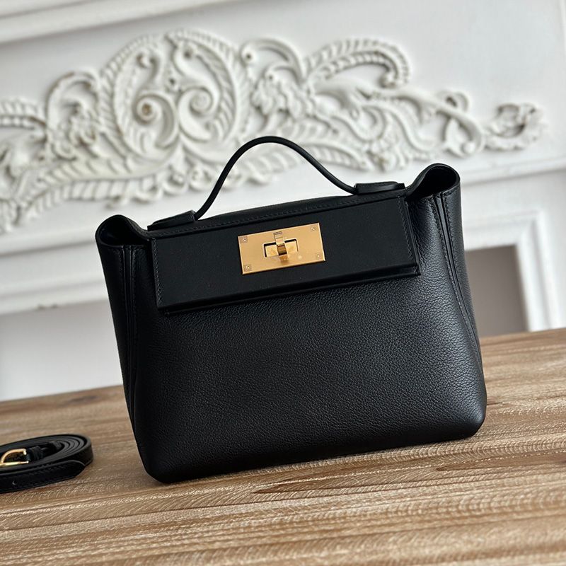 Hermes Mini 24 24 Bag Evercolor Swift Leather Gold Hardware In Black