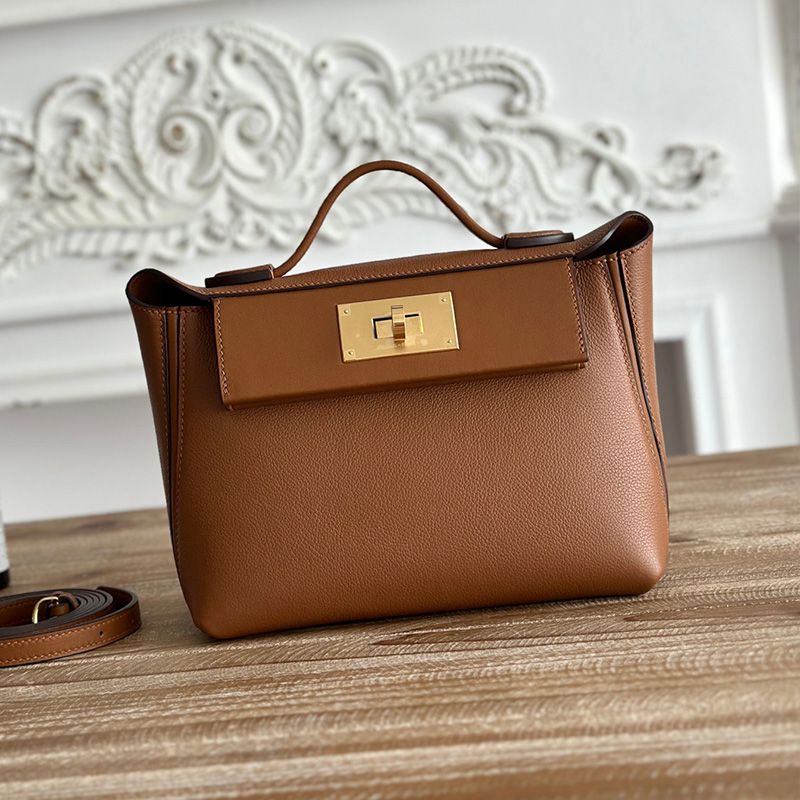 Hermes Mini 24 24 Bag Evercolor Swift Leather Gold Hardware In Brown