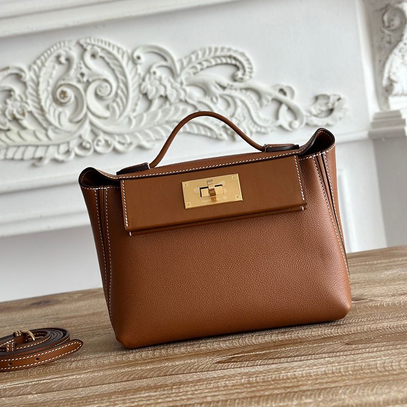 Hermes Mini 24 24 Bag Evercolor Swift Leather Gold Hardware In Brown White