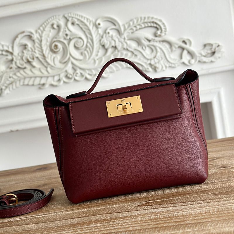 Hermes Mini 24 24 Bag Evercolor Swift Leather Gold Hardware In Burgundy