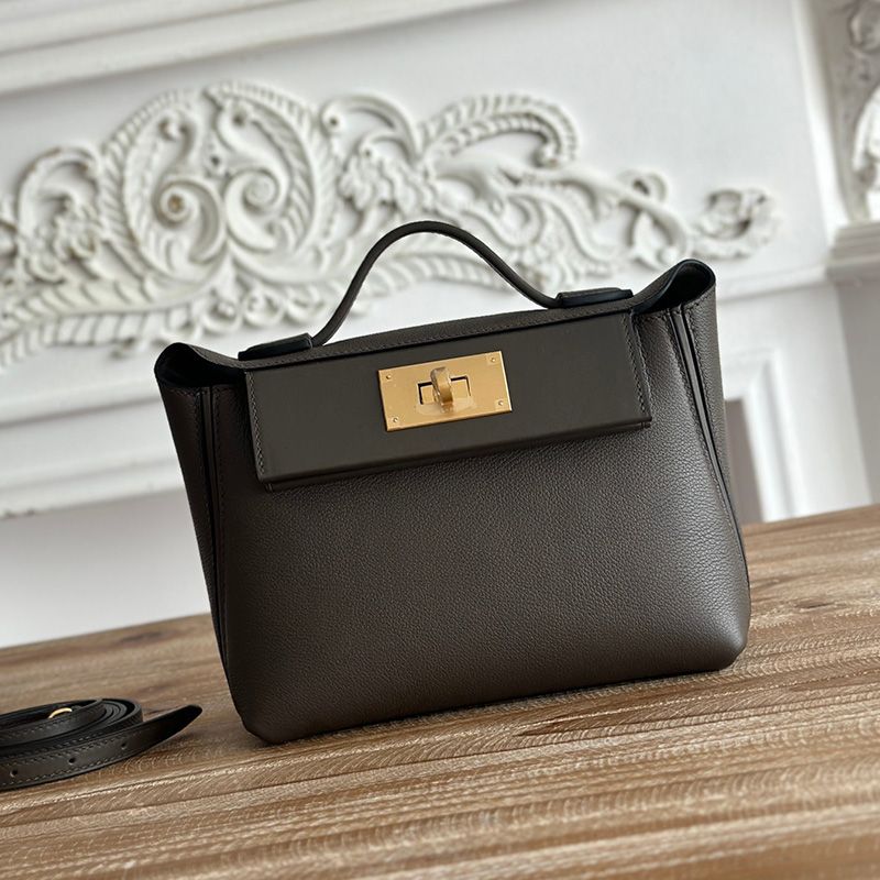 Hermes Mini 24 24 Bag Evercolor Swift Leather Gold Hardware In Etain Grey