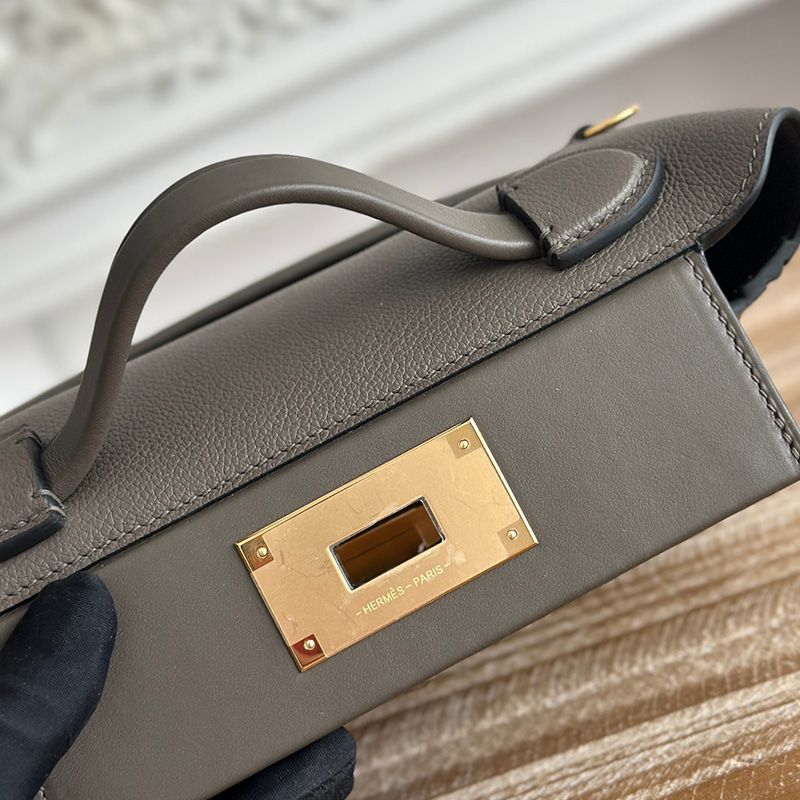 Hermes Mini 24 24 Bag Evercolor Swift Leather Gold Hardware In Etain Grey