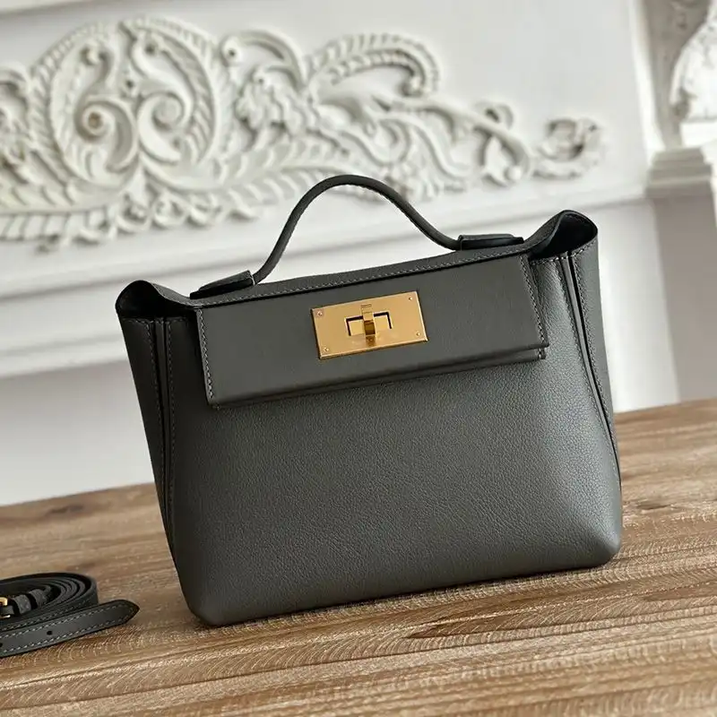 Hermes Mini 24 24 Bag Evercolor Swift Leather Gold Hardware In Gris Meyer