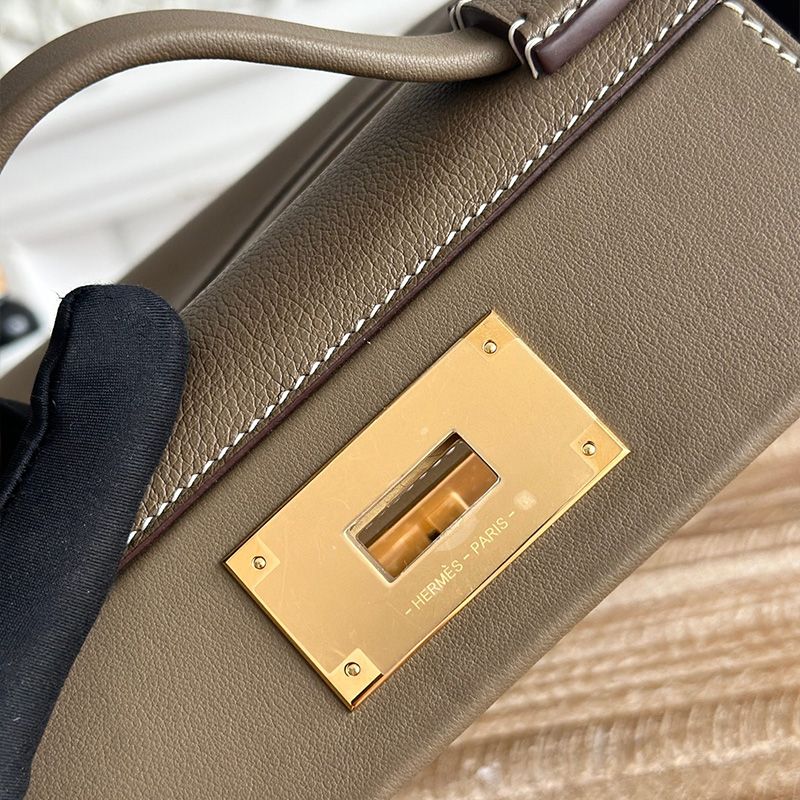 Hermes Mini 24 24 Bag Evercolor Swift Leather Gold Hardware In Khaki