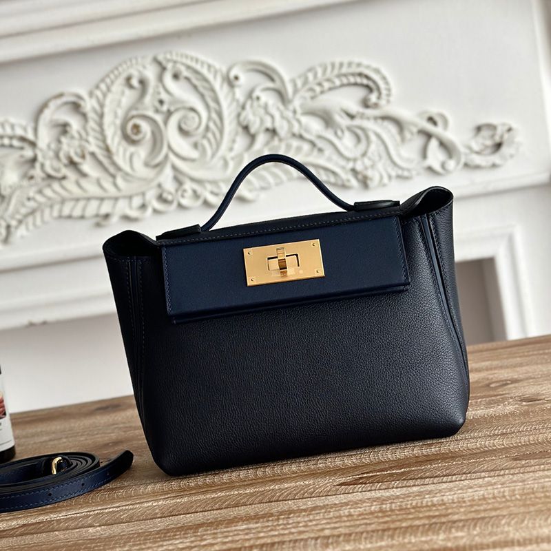 Hermes Mini 24 24 Bag Evercolor Swift Leather Gold Hardware In Navy Blue