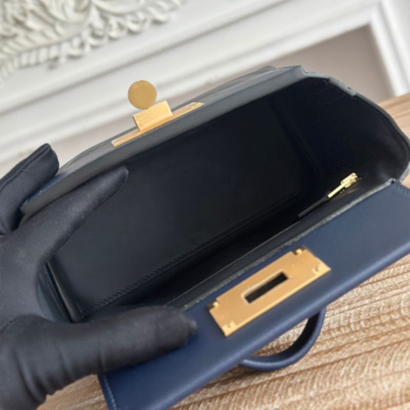 Hermes Mini 24 24 Bag Evercolor Swift Leather Gold Hardware In Navy Blue