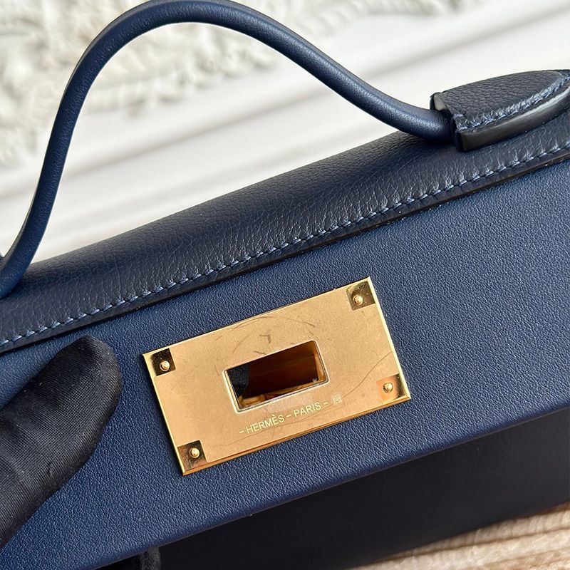 Hermes Mini 24 24 Bag Evercolor Swift Leather Gold Hardware In Navy Blue