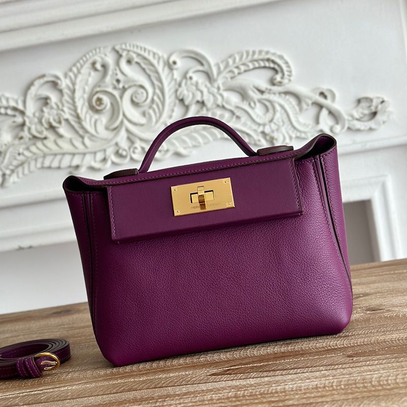 Hermes Mini 24 24 Bag Evercolor Swift Leather Gold Hardware In Purple