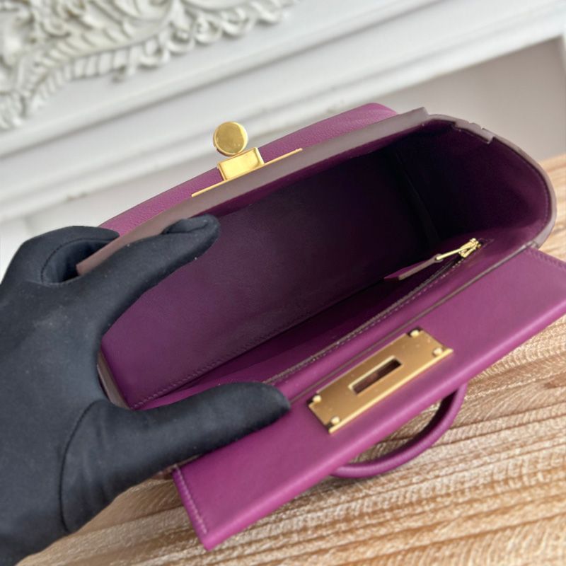 Hermes Mini 24 24 Bag Evercolor Swift Leather Gold Hardware In Purple