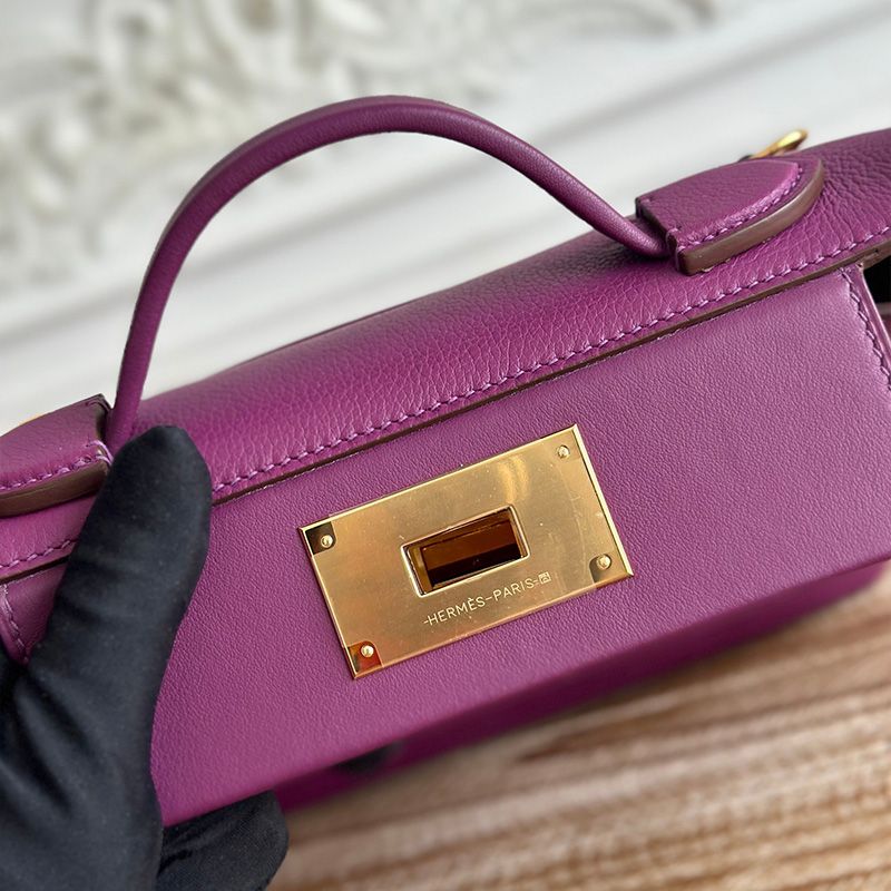 Hermes Mini 24 24 Bag Evercolor Swift Leather Gold Hardware In Purple