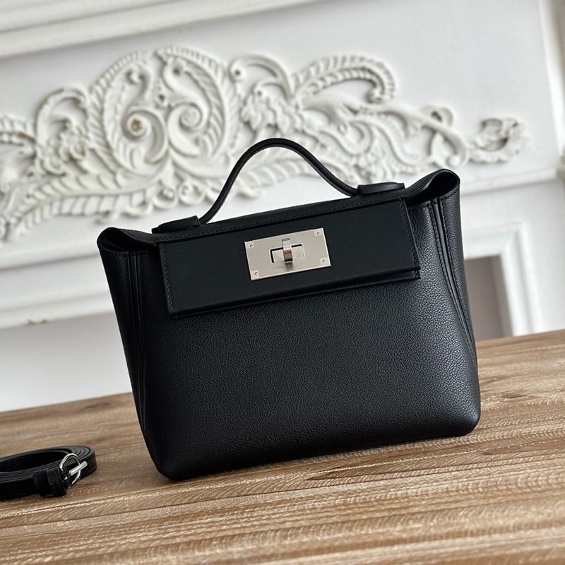 Hermes Mini 24 24 Bag Evercolor Swift Leather Palladium Hardware In Black