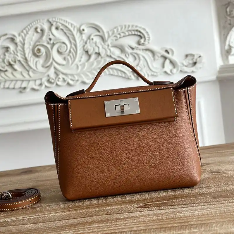 Affordable Hermes Mini 24 24 Bag Evercolor Swift Leather Palladium Hardware In Brown White