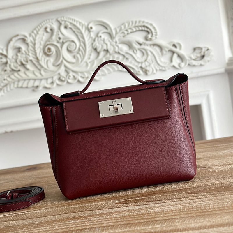 Hermes Mini 24 24 Bag Evercolor Swift Leather Palladium Hardware In Burgundy