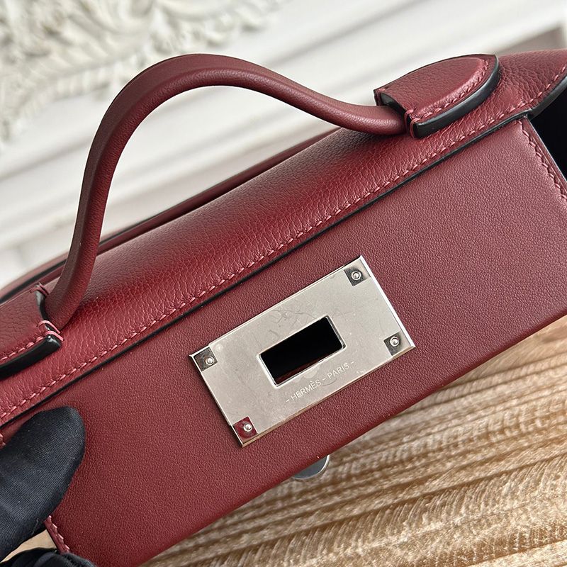 Hermes Mini 24 24 Bag Evercolor Swift Leather Palladium Hardware In Burgundy