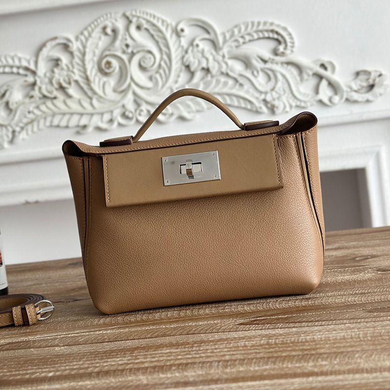 Hermes Mini 24 24 Bag Evercolor Swift Leather Palladium Hardware In Camel