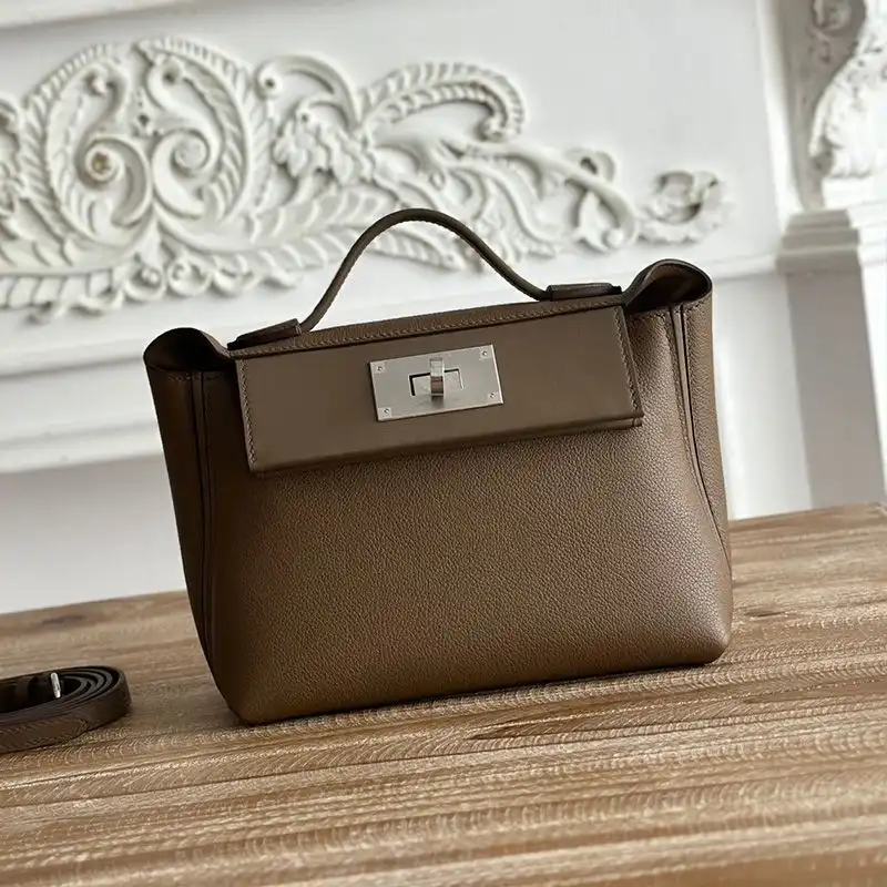 Hermes Mini 24 24 Bag Evercolor Swift Leather Palladium Hardware In Coffee