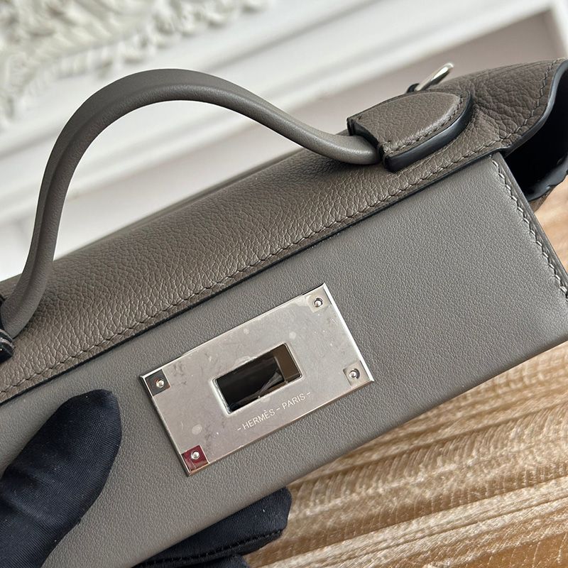 Hermes Mini 24 24 Bag Evercolor Swift Leather Palladium Hardware In Etain Grey