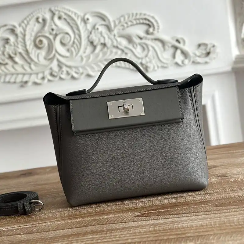 Hermes Mini 24 24 Bag Evercolor Swift Leather Palladium Hardware In Gris Meyer