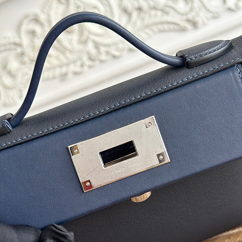 Hermes Mini 24 24 Bag Evercolor Swift Leather Palladium Hardware In Navy Blue