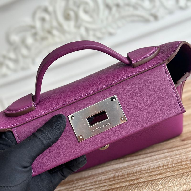 Hermes Mini 24 24 Bag Evercolor Swift Leather Palladium Hardware In Purple