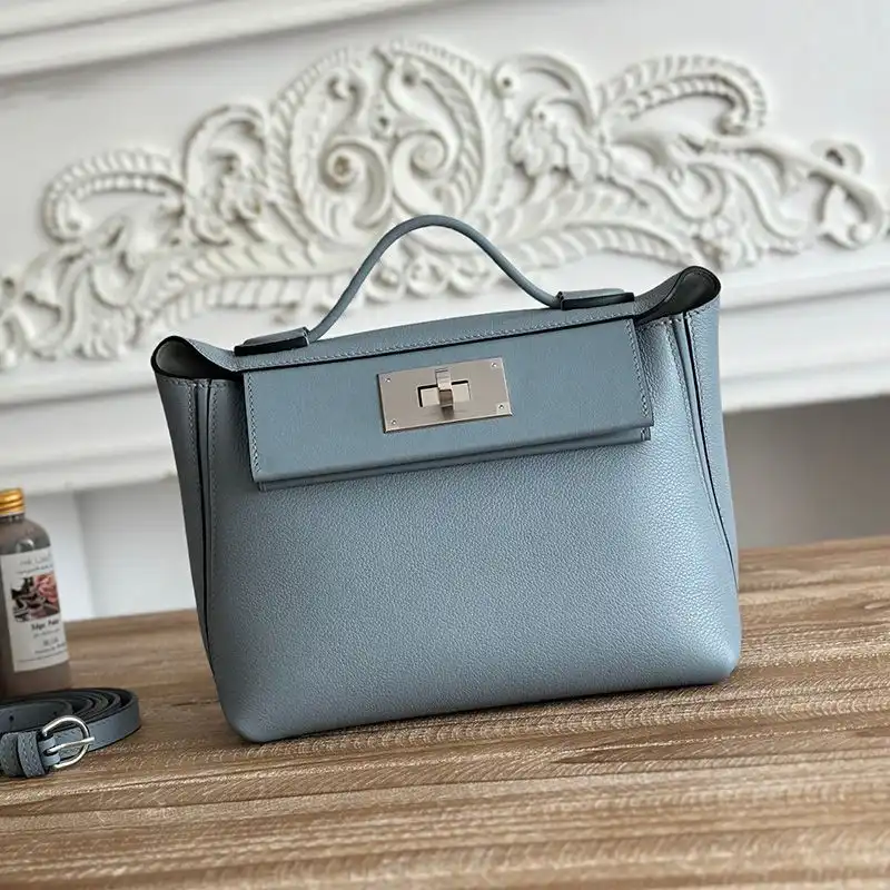 Hermes Mini 24 24 Bag Evercolor Swift Leather Palladium Hardware In Sky Blue