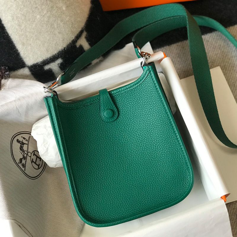 Hermes Mini Evelyne Bag Clemence Leather Palladium Hardware In Green