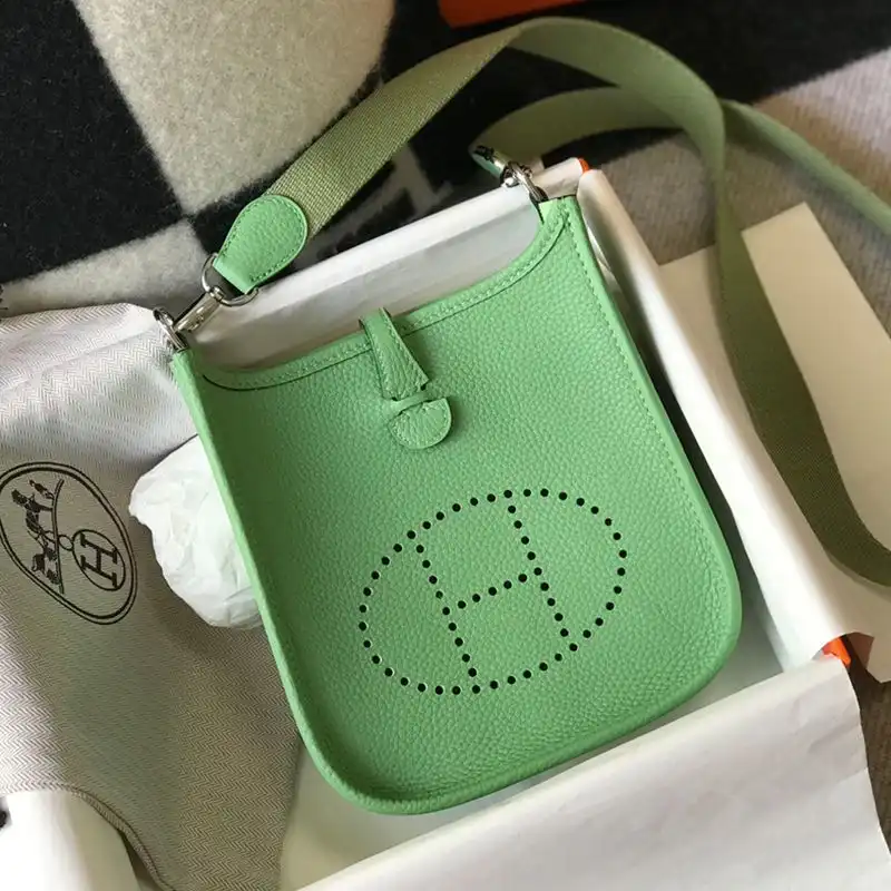 Hermes Mini Evelyne Bag Clemence Leather Palladium Hardware In Mint Green