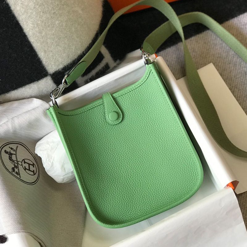 Hermes Mini Evelyne Bag Clemence Leather Palladium Hardware In Mint Green