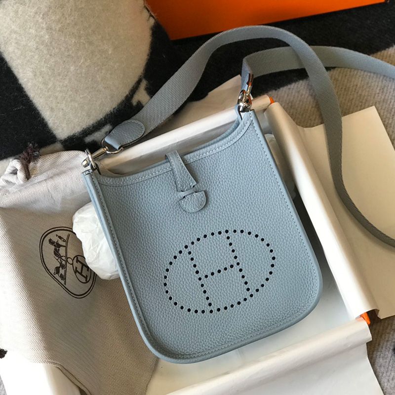 Hermes Mini Evelyne Bag Clemence Leather Palladium Hardware In Sky Blue