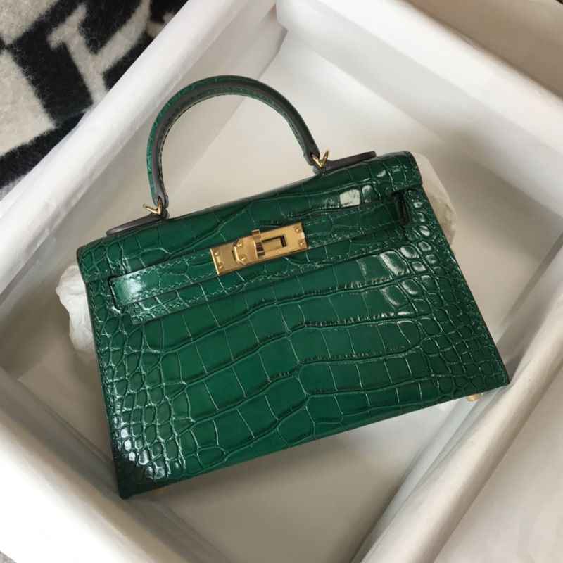 Hermes Mini Kelly II Bag Alligator Leather Gold Hardware In Green