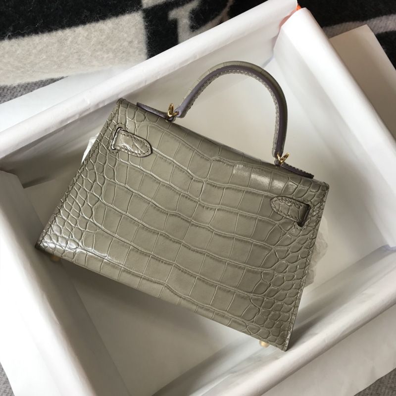 Hermes Mini Kelly II Bag Alligator Leather Gold Hardware In Grey