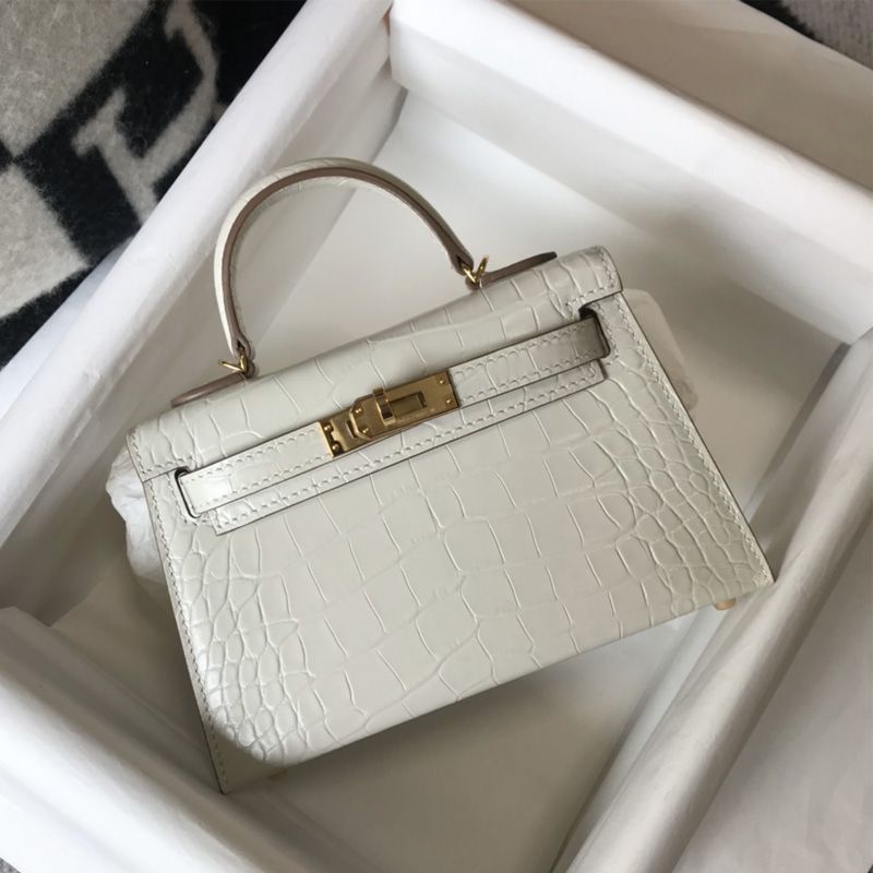 Hermes Mini Kelly II Bag Alligator Leather Gold Hardware In White