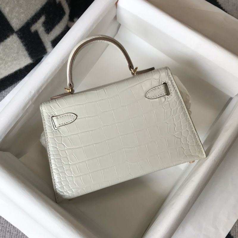 Hermes Mini Kelly II Bag Alligator Leather Gold Hardware In White