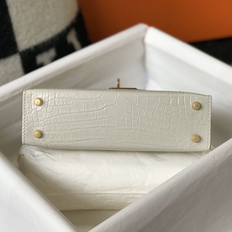 Hermes Mini Kelly II Bag Alligator Leather Gold Hardware In White