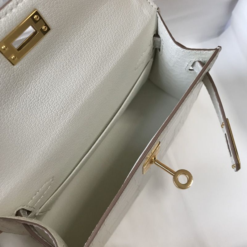 Hermes Mini Kelly II Bag Alligator Leather Gold Hardware In White