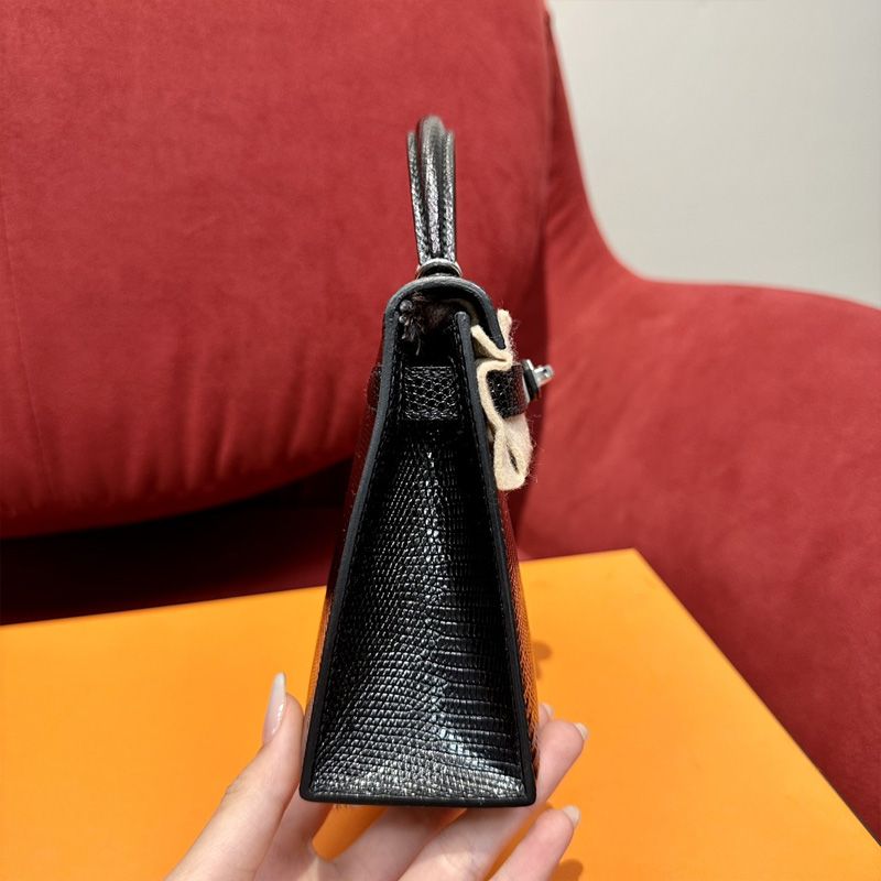 Hermes Mini Kelly II Bag Lizard Leather Palladium hardware In Black