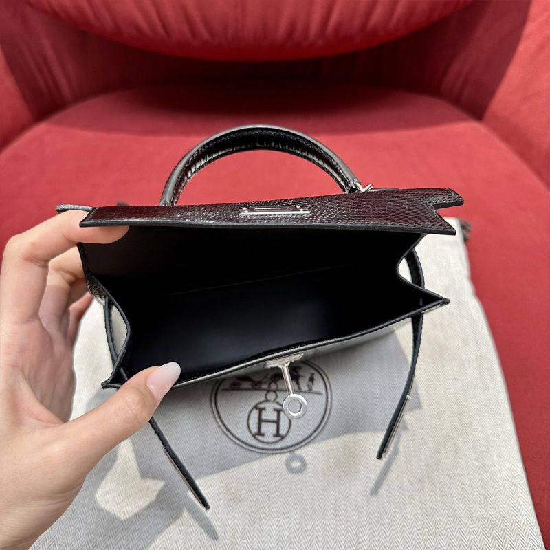 Hermes Mini Kelly II Bag Lizard Leather Palladium hardware In Black